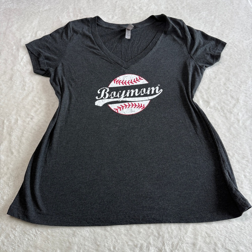 Boymom Baseball Graphic Womens XXL Dark Gray V-Neck Tee Shirt Top‎ Short Sleeve